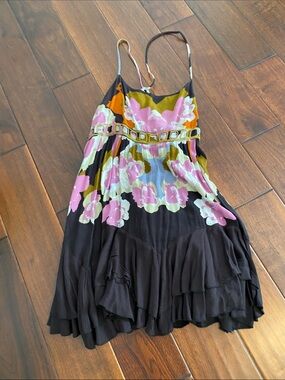Free People Black Floral Spaghetti-Strap Sundress with Pink and Olive Accents